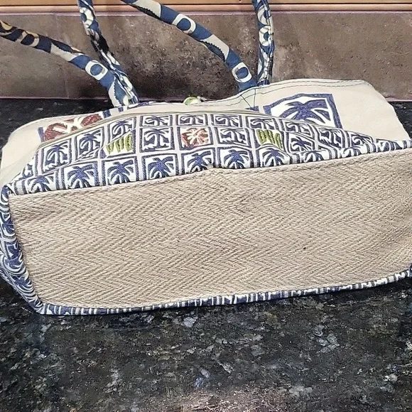 Canvas Blue, Green Tan, Orange Beach Theme Bag Purse Palm Trees, Hibiscus, Surf - Picture 3 of 14